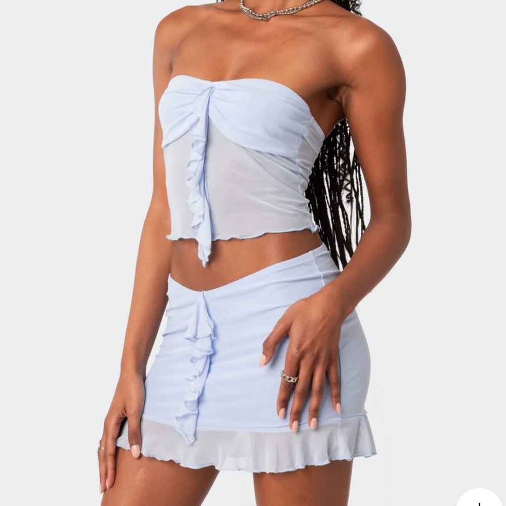 Edikted Solange Ruffle Mesh Tube Top & Mini Skirt Set in Blue